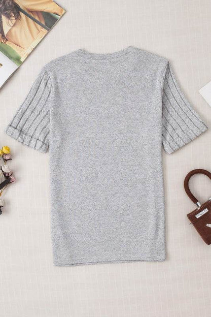 Alma Ribbed Splicing Sleeve Round Neck Top - Shop Style & More | Fresh Looks, Everyday Deals & Free Shipping