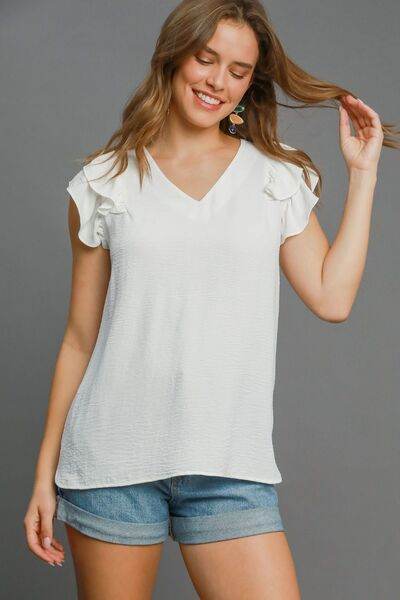 Umgee Full Size V-Neck Double Layered Ruffle Sleeve Blouse Plus Size - Shop Style & More | Fresh Looks, Everyday Deals & Free Shipping