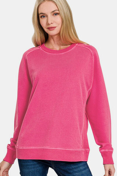 Zenana Full Size Pigment Dyed French Terry Sweatshirt Hot Pink Hoodies & Sweaters