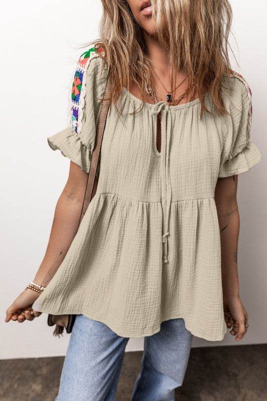 Milana Crinkle Embroidered Patched Bubble Sleeve T - Shop Style & More | Fresh Looks, Everyday Deals & Free Shipping