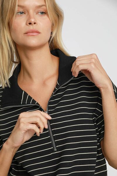 Umgee Striped Half Zip Short Sleeve Sweatshirt Hoodies & Sweaters