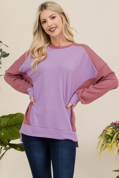 Celeste Full Size High-Low Contrast Round Neck Sweatshirt Hoodies & Sweaters