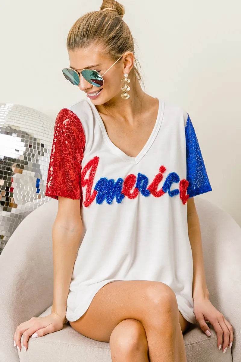 BiBi Metallic Letter V-neck Sequin Sleeves Top - Shop Style & More | Fresh Looks, Everyday Deals & Free Shipping