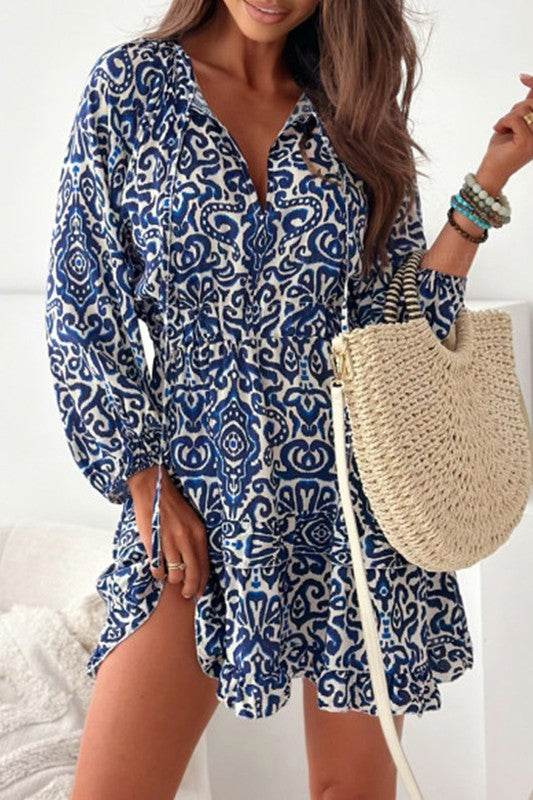 Women Print Lace up V Neck Long Sleeve Mini Dress - Shop Style & More | Fresh Looks, Everyday Deals & Free Shipping