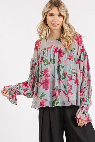 Mittoshop Floral Round Neck Flounce Sleeve Blouse Light Blue Blouses