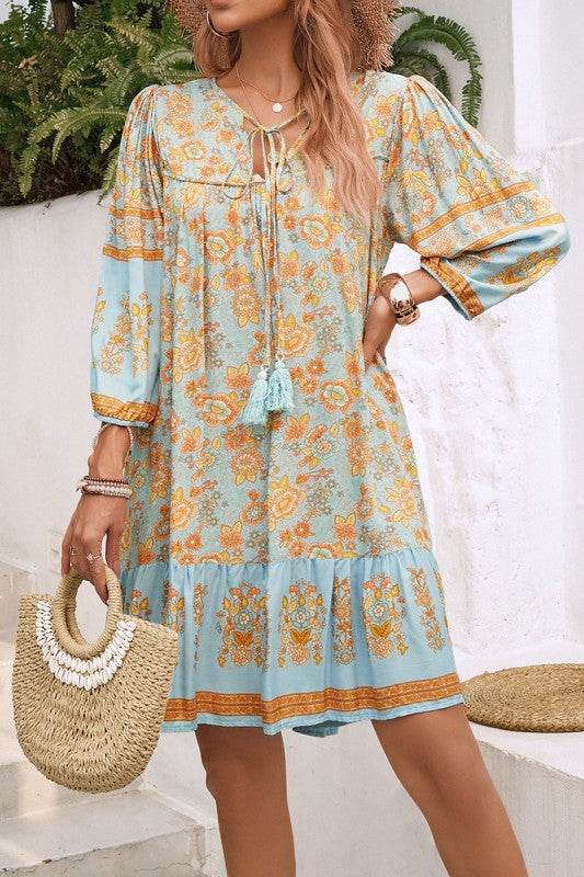 Ruched Bohe Print V Neck Ruffle Hem Tassel Dress - Shop Style & More | Fresh Looks, Everyday Deals & Free Shipping