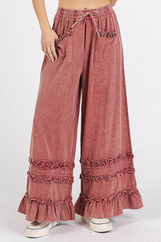 Mittoshop Ruffle Trim Pocket Mineral Wash Wide Leg Pants - Shop Style & More | Fresh Looks, Everyday Deals & Free Shipping