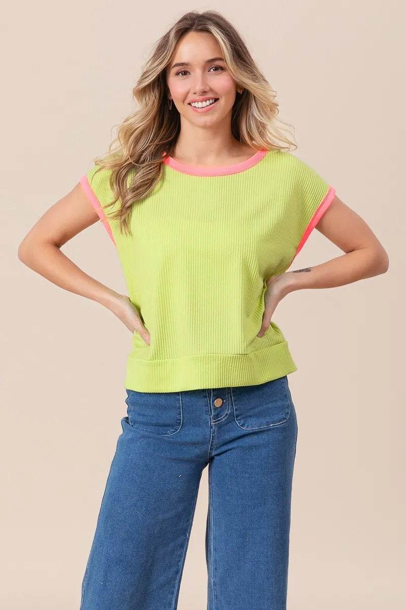 BiBi Cord Rib Knit Contrast Banded Top - Shop Style & More | Fresh Looks, Everyday Deals & Free Shipping