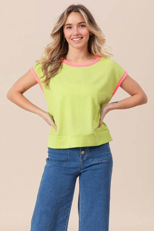 BiBi Cord Rib Knit Contrast Banded Top - Shop Style & More | Fresh Looks, Everyday Deals & Free Shipping