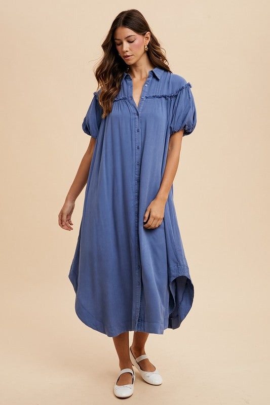 Annie Wear Mineral Washed Button Down Puff Sleeve Shirt Dress Peacock Blue Casual Dresses