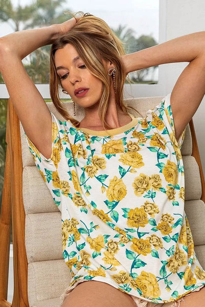 BiBi Rose Print Thermal Neck Binding Dolman Sleeves Top - Shop Style & More | Fresh Looks, Everyday Deals & Free Shipping
