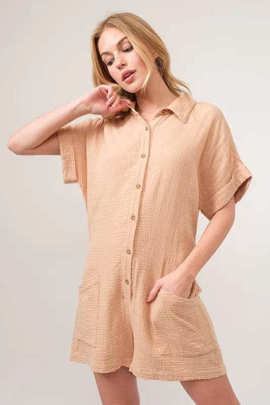 And The Why Washed Gauze Roll-up Sleeve Comfort Utility Romper - Shop Style & More | Fresh Looks, Everyday Deals & Free Shipping