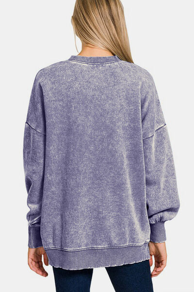 Zenana High-Low Acid Wash Fleece Sweatshirt Hoodies & Sweaters