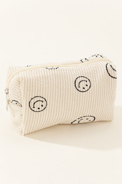 Zenana Smiley Face Corduroy Cosmetic Pouch Ivory One Size Bags