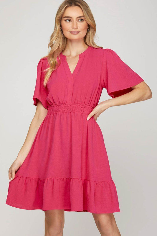 She + Sky Ruffled Hem Notched Flutter Sleeve Mini Dress - Shop Style & More | Fresh Looks, Everyday Deals & Free Shipping