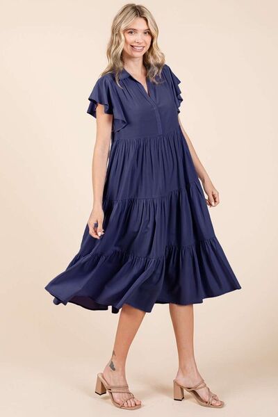 Mittoshop Ruffle Sleeve Collared V Neck Tiered Midi Dress Casual Dresses