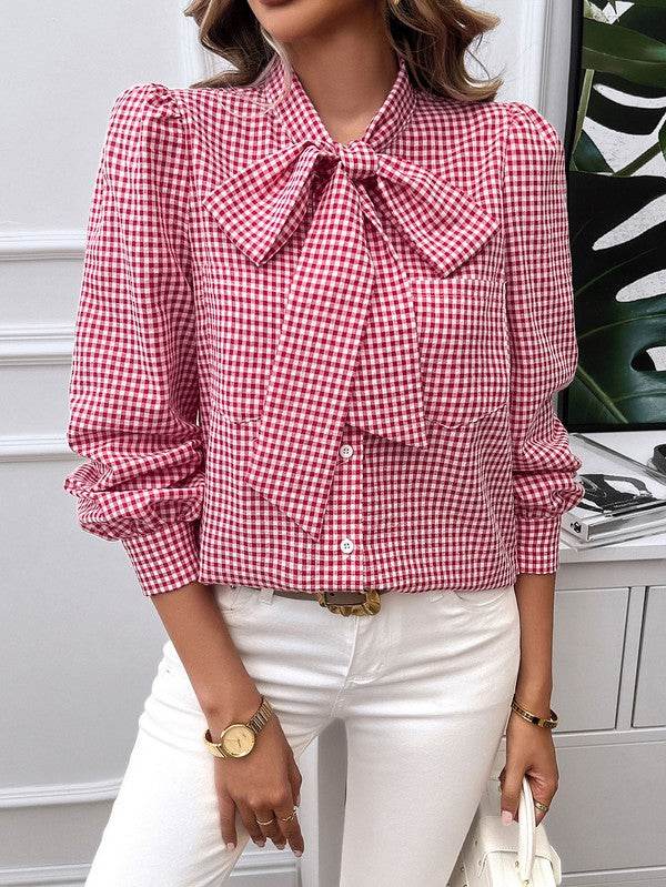 Plaid Puff Sleeves Loose Button Trim Knot Blouse - Shop Style & More | Fresh Looks, Everyday Deals & Free Shipping