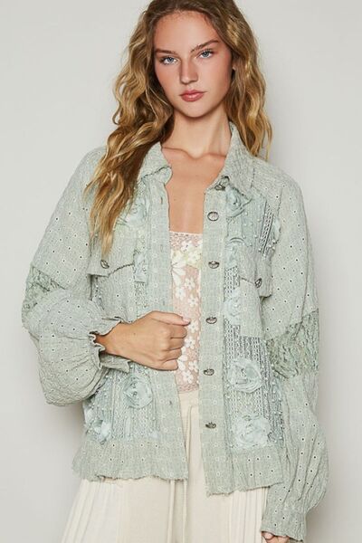 POL Eyelet Flower Pearl Detail Lace Patchwork Shirt SAGE Blouses