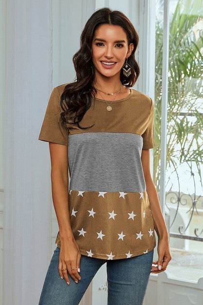 Star Print Color Block Round Neck T Shirt - Shop Style & More | Fresh Looks, Everyday Deals & Free Shipping