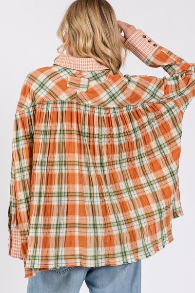 SAGE + FIG Side Slit Plaid Button Down Long Sleeve Shirt Blouses