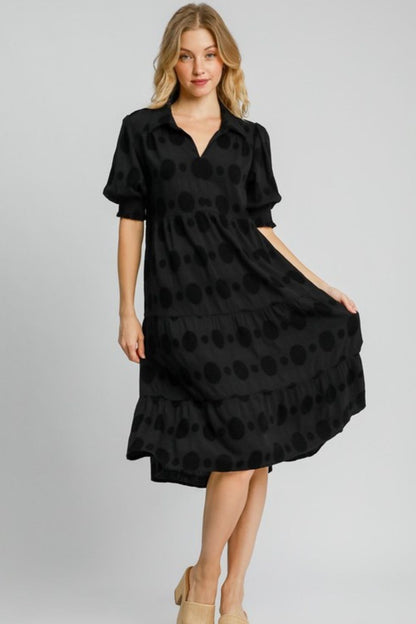 Umgee Full Size Swiss Dot Jacquard Tiered Midi Dress Plus Size Black Casual Dresses