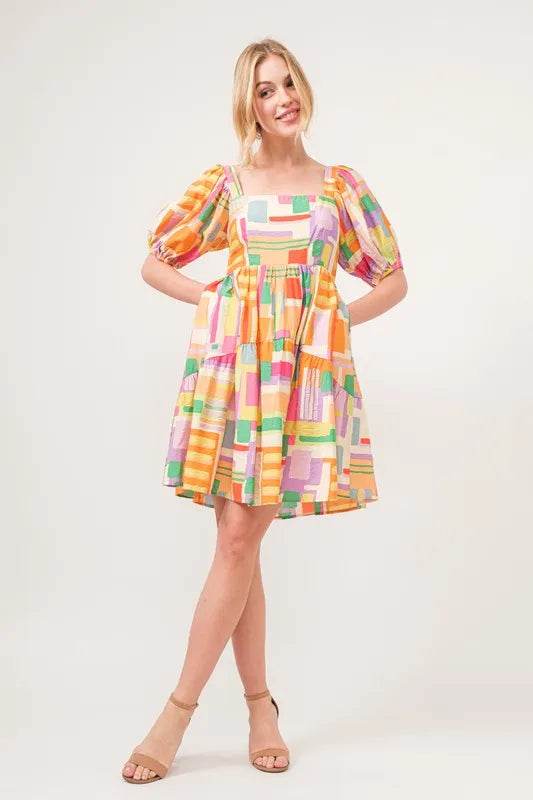 And The Why Square Neck Puff Sleeve Geo Printed Mini Dress - Shop Style & More | Fresh Looks, Everyday Deals & Free Shipping
