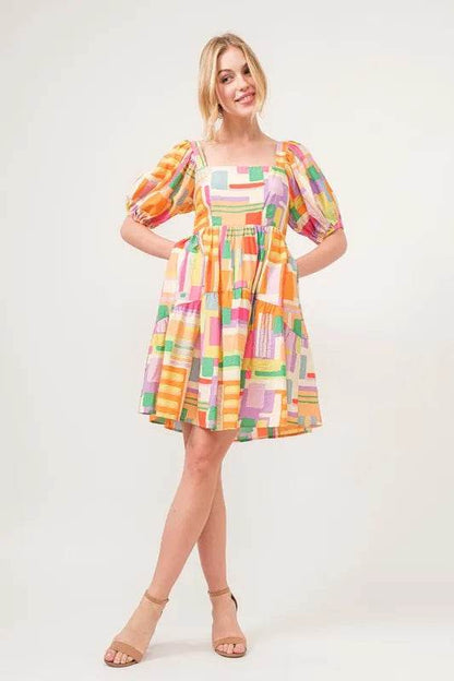 And The Why Square Neck Puff Sleeve Geo Printed Mini Dress - Shop Style & More | Fresh Looks, Everyday Deals & Free Shipping