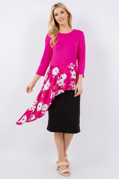 Celeste Full Size Floral Asymmetrical Hemline Round Neck Top Plus Size Hot Pink Blouses