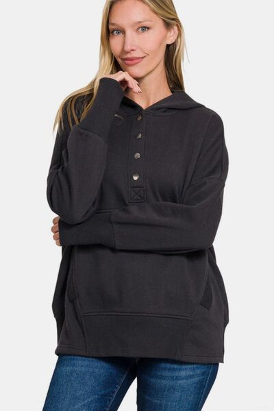 Zenana Half Snap Long Sleeve Hoodie with Kangaroo Pocket Hoodies & Sweaters