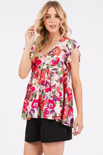 Mittoshop Floral V-Neck Ruffled Cap Sleeve Blouse Blouses