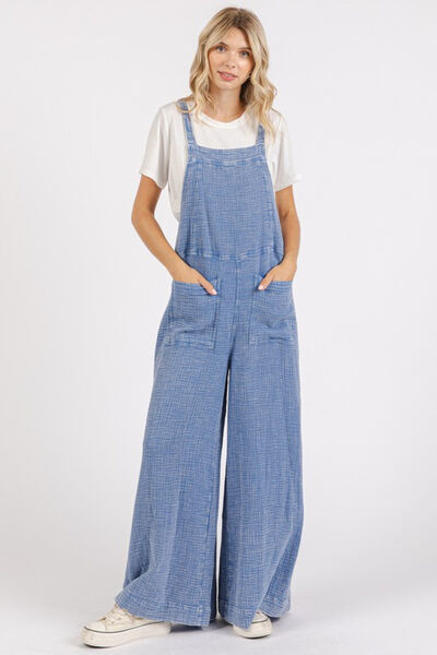 Mittoshop Textured Wide Leg Overalls Blue Blue Jumpsuits
