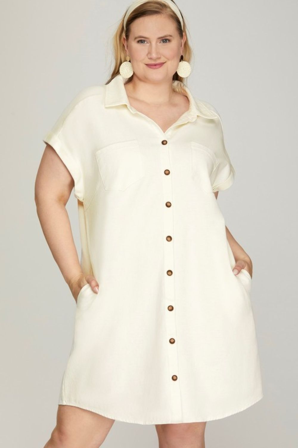 She + Sky Full Size Folded Cuff Button Down Washed Twill Shirt Dress Plus Size Casual Dresses