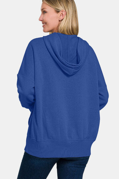 Zenana Half Snap Long Sleeve Hoodie with Kangaroo Pocket Hoodies & Sweaters