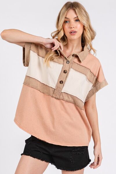 Mittoshop Mineral Washed Half Button Polo Top Blouses