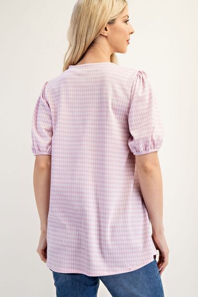 Celeste Full Size Gingham Print Top With Puff Sleeves Plus Size Blouses