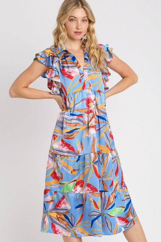Umgee Full Size Leaf Print Double Layered Ruffle Sleeve Tiered Midi Dress Plus Size - Shop Style & More | Fresh Looks, Everyday Deals & Free Shipping