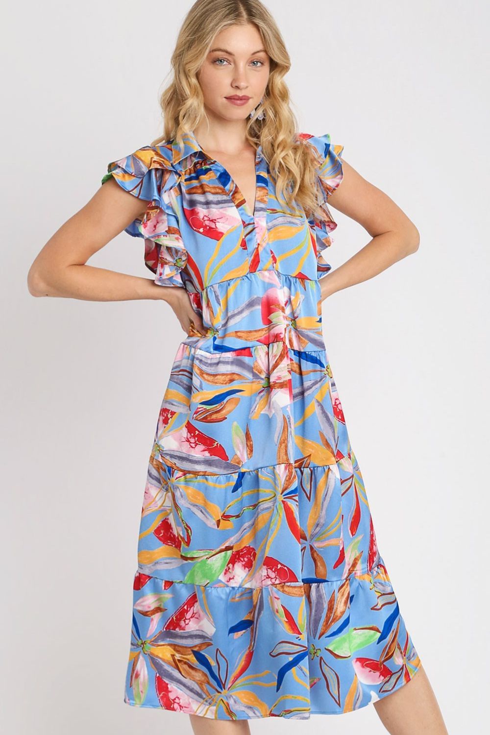 Umgee Full Size Leaf Print Double Layered Ruffle Sleeve Tiered Midi Dress Plus Size PERIWINKLEMIX Casual Dresses