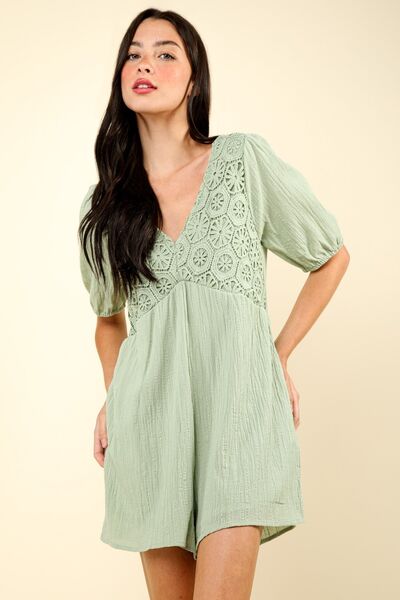 VERY J Lace Detail Puff Sleeve Romper with Pockets Sage Jumpsuits
