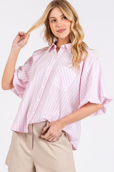 Mittoshop Button Down Striped Puff Sleeve Shirt Blouses