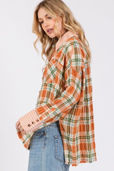 SAGE + FIG Side Slit Plaid Button Down Long Sleeve Shirt Blouses