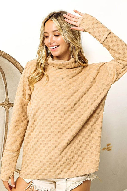 BiBi Checkered Round Neck Thumbhole Long Sleeve Top - Shop Style & More | Fresh Looks, Everyday Deals & Free Shipping