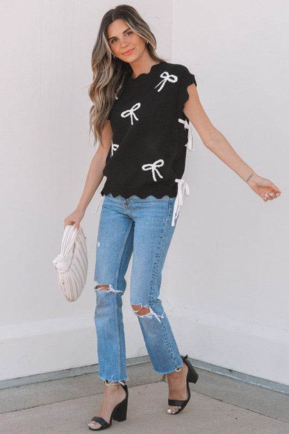 Dayana Bow Print Side Ties Sweater Top - Shop Style & More | Fresh Looks, Everyday Deals & Free Shipping