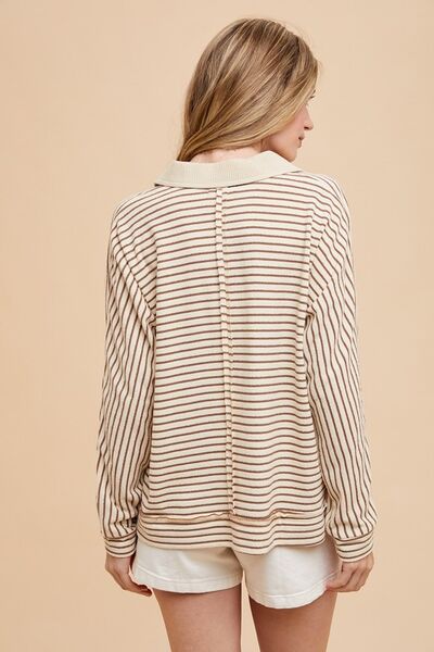 Annie Wear Striped Button Detail Long Sleeve Polo Top Blouses