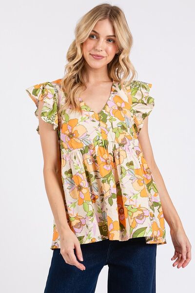 Mittoshop Floral V-Neck Ruffled Cap Sleeve Blouse Tangerine Blouses