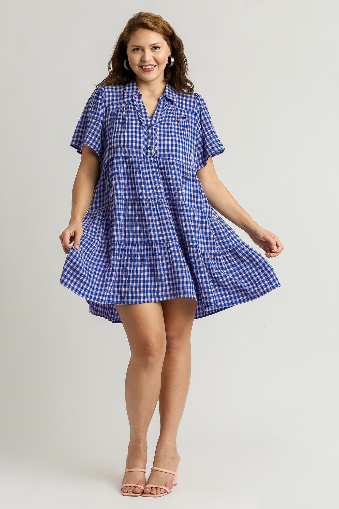 Umgee Full Size Gingham Tiered Button Detail Short Sleeve Dress Plus Size Casual Dresses