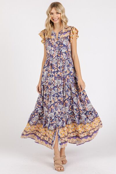 Mittoshop Floral Ruffled Notched Cap Sleeve Maxi Dress Casual Dresses