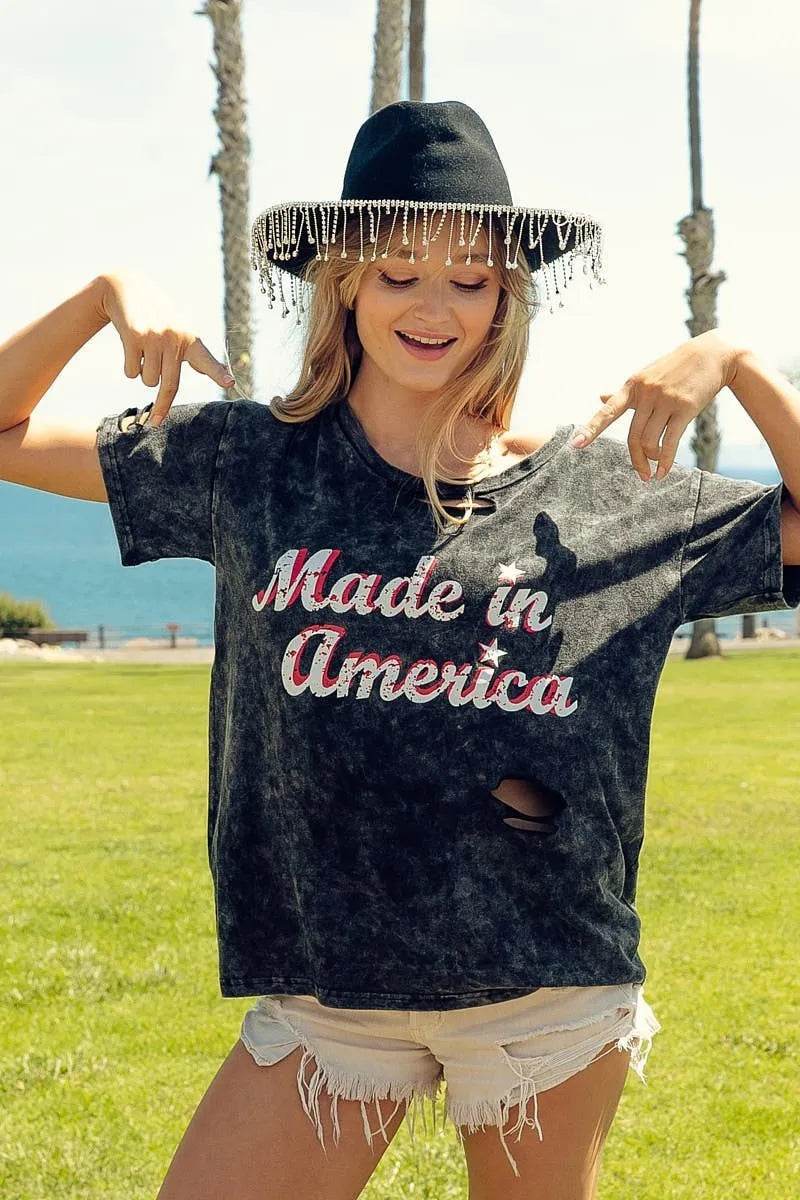 BiBi Laser Cut Mineral Washed America Print Top - Shop Style & More | Fresh Looks, Everyday Deals & Free Shipping