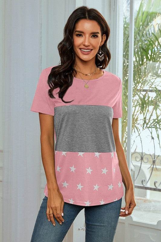 Star Print Color Block Round Neck T Shirt - Shop Style & More | Fresh Looks, Everyday Deals & Free Shipping