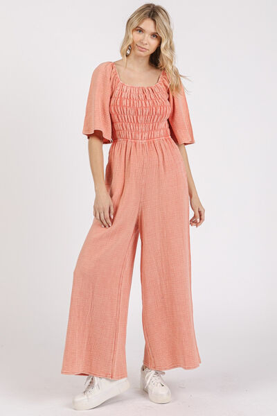 Mittoshop Mineral Wash Wide Leg Jumpsuit with Ruched Design Jumpsuits