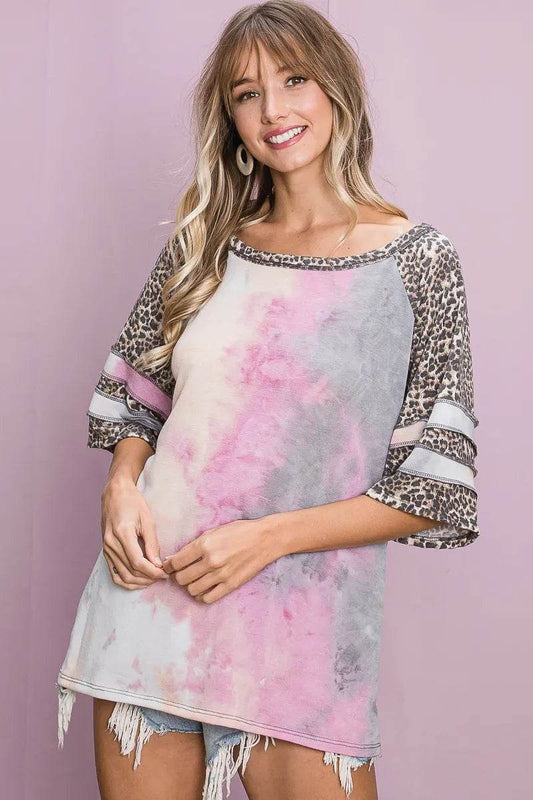 BiBi Tiedye French Terry with Leopard Sleeve Top - Shop Style & More | Fresh Looks, Everyday Deals & Free Shipping
